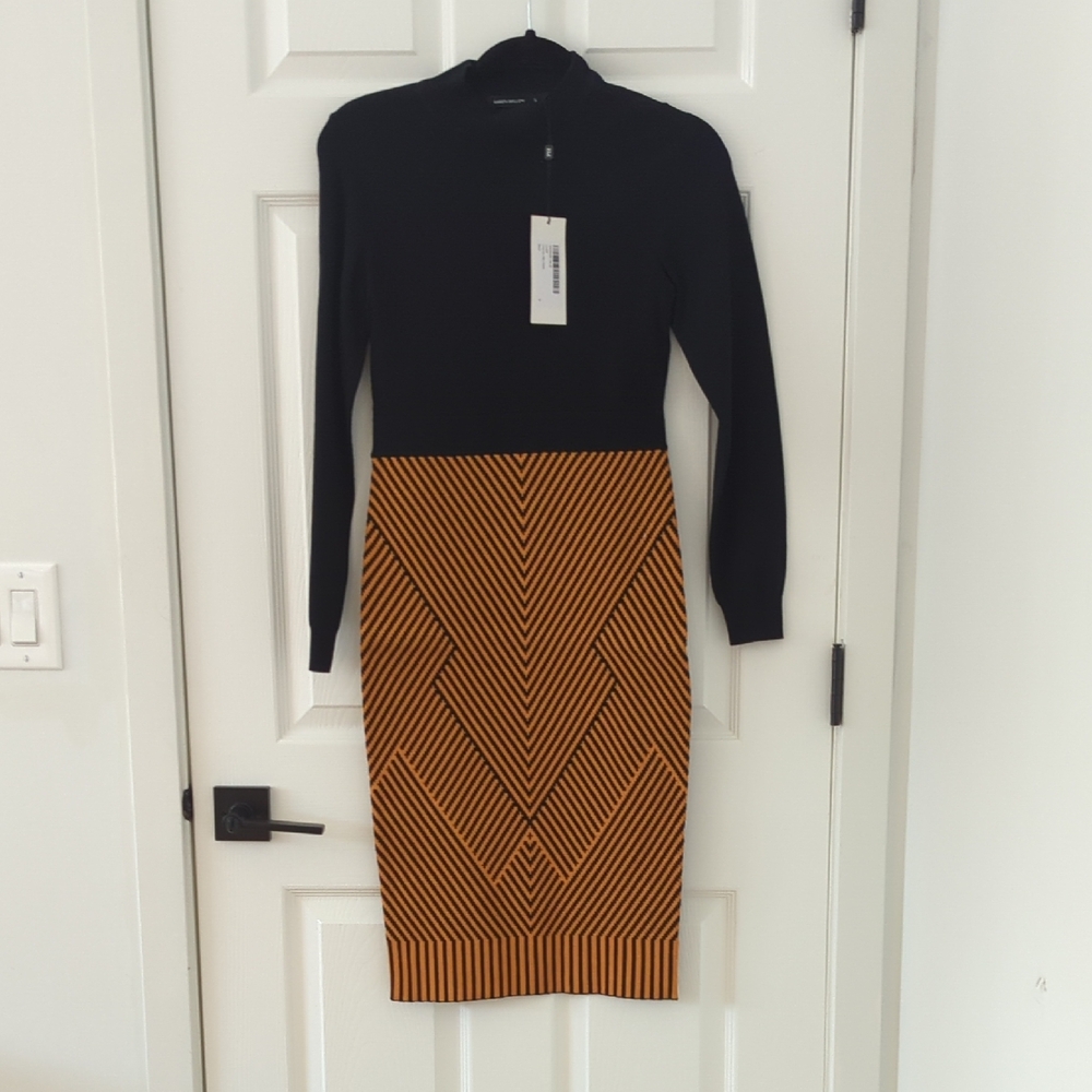 NWT Karen Millen Black and Gold Geometric Sweater Dress Size S